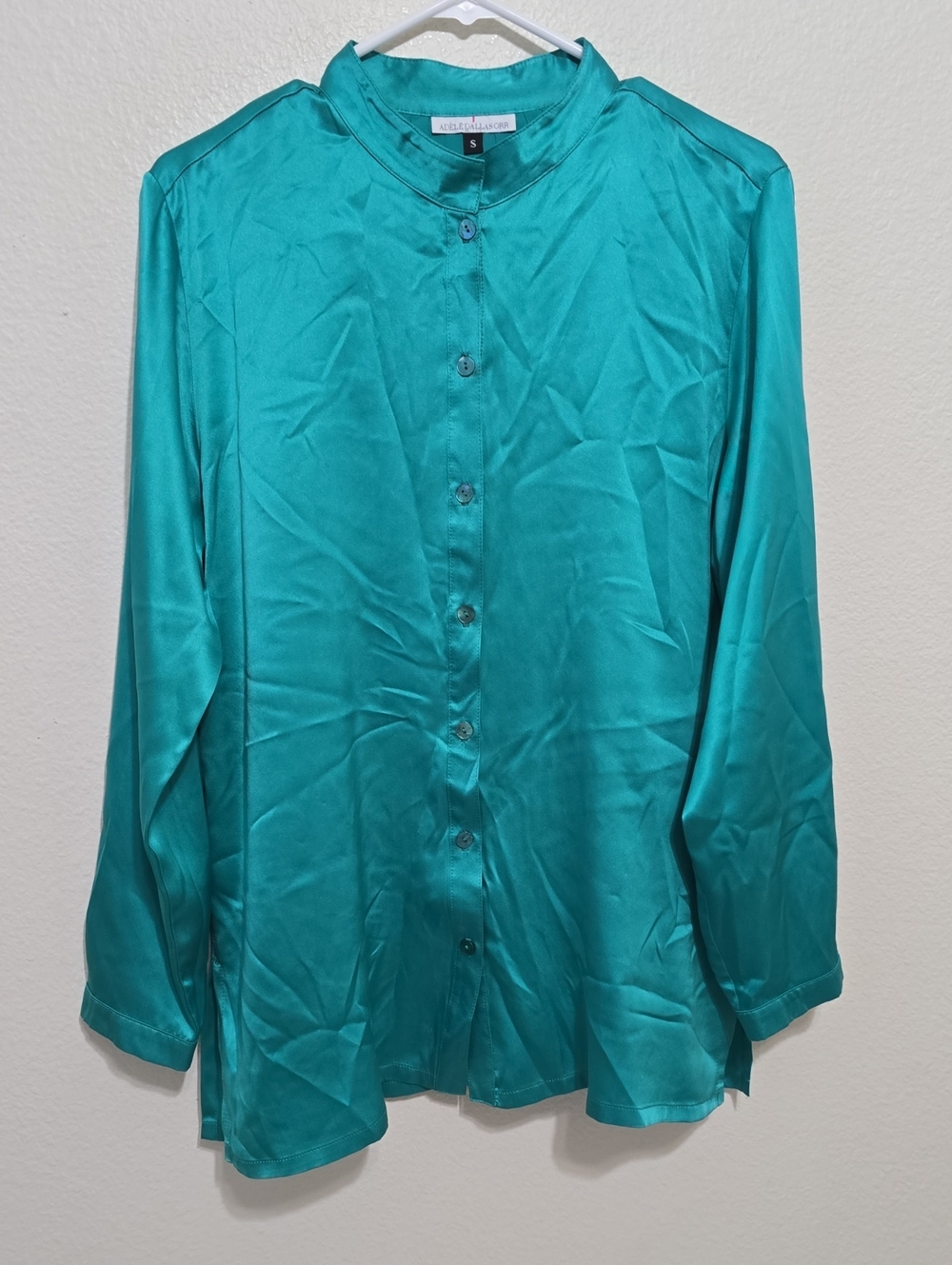 Adele Dallas Orr Teal Silk, Vintage Mandarin-Collar Button-Down Tunic S